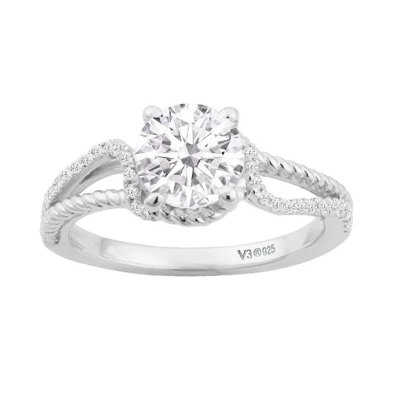 Sterling Silver with Moissanite and White Diamond Engagement Ring