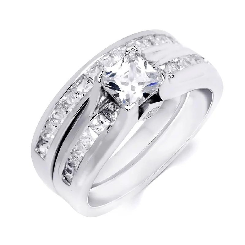 Womens Brilliant 1.5 Carat CZ Princess Cut Wedding Ring Set Silver