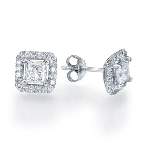 1.50 Carat Princess Cut Lab Grown Diamond Halo Stud Earrings