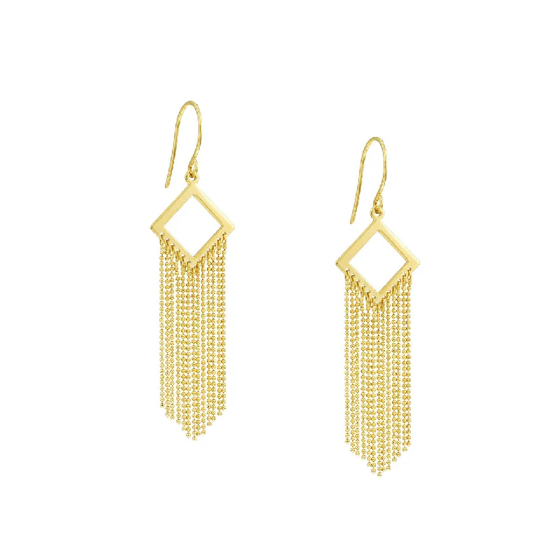 14K Gold Diamond-Shaped Earrings with Fringe Chain