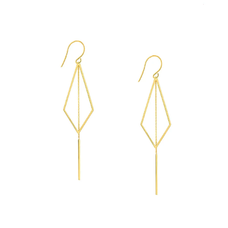 14K Gold Kite Earrings with Chain Drape on Fish Hook