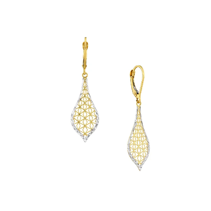 14K Two Tone Yellow and White Gold Filigree Teardrop Dangle Earrings