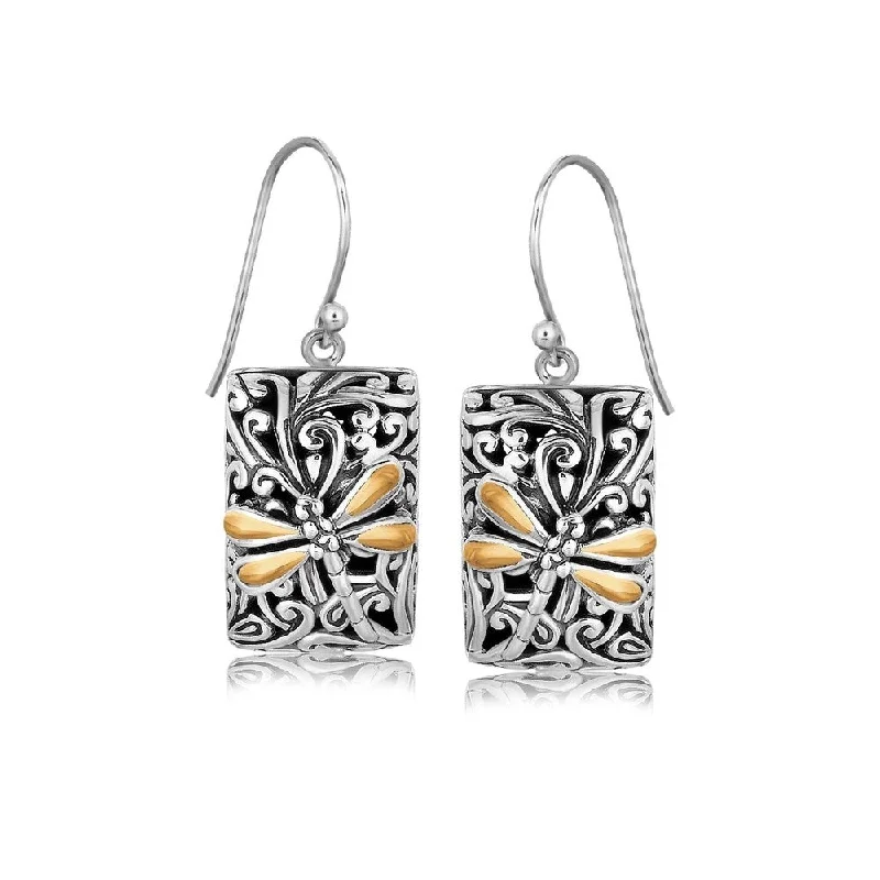 18k Yellow Gold and Sterling Silver Dragonfly Designed Rectangular Drop Earrings