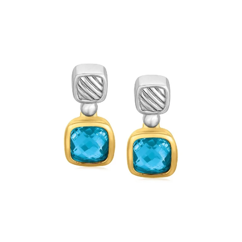 18k Yellow Gold and Sterling Silver Earrings with Bezel Set Blue Topaz