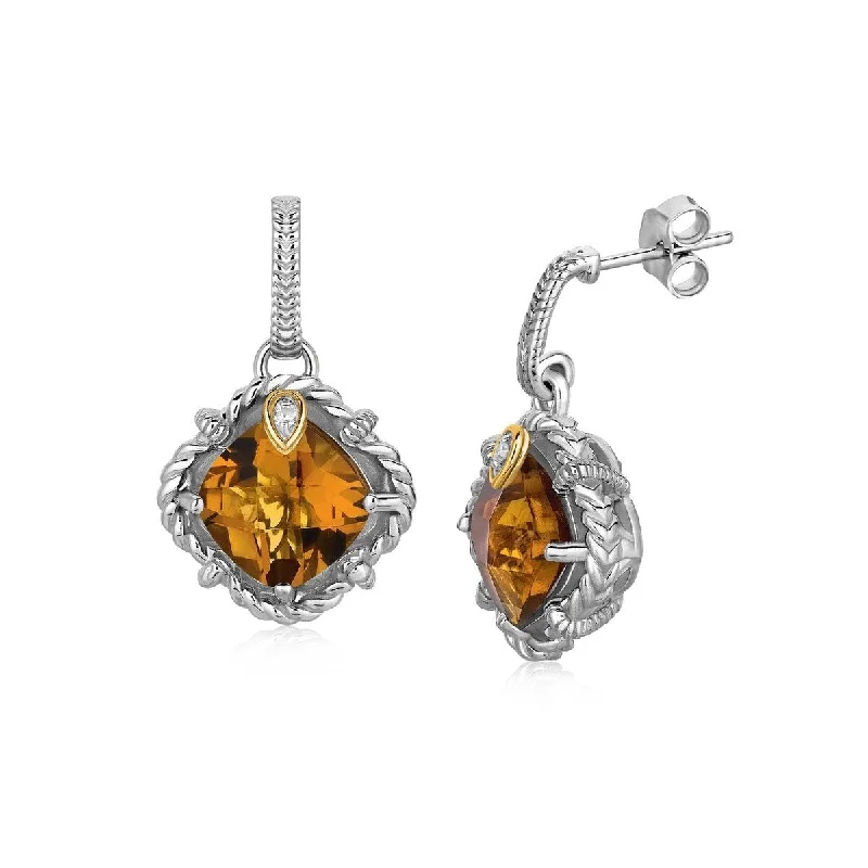 18k Yellow Gold and Sterling Silver Whisky Quartz Rope Style Earrings