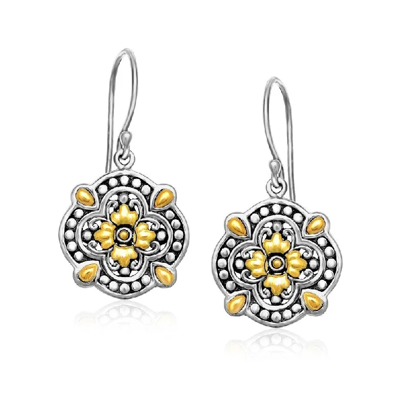 18k Yellow Gold & Sterling Silver Byzantine Pattern Flower Shape Earrings