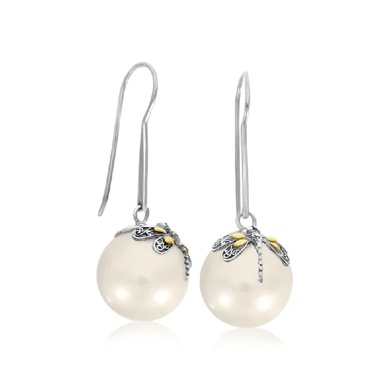 18k Yellow Gold & Sterling Silver Shell Pearl Earrings with Dragonfly Accents