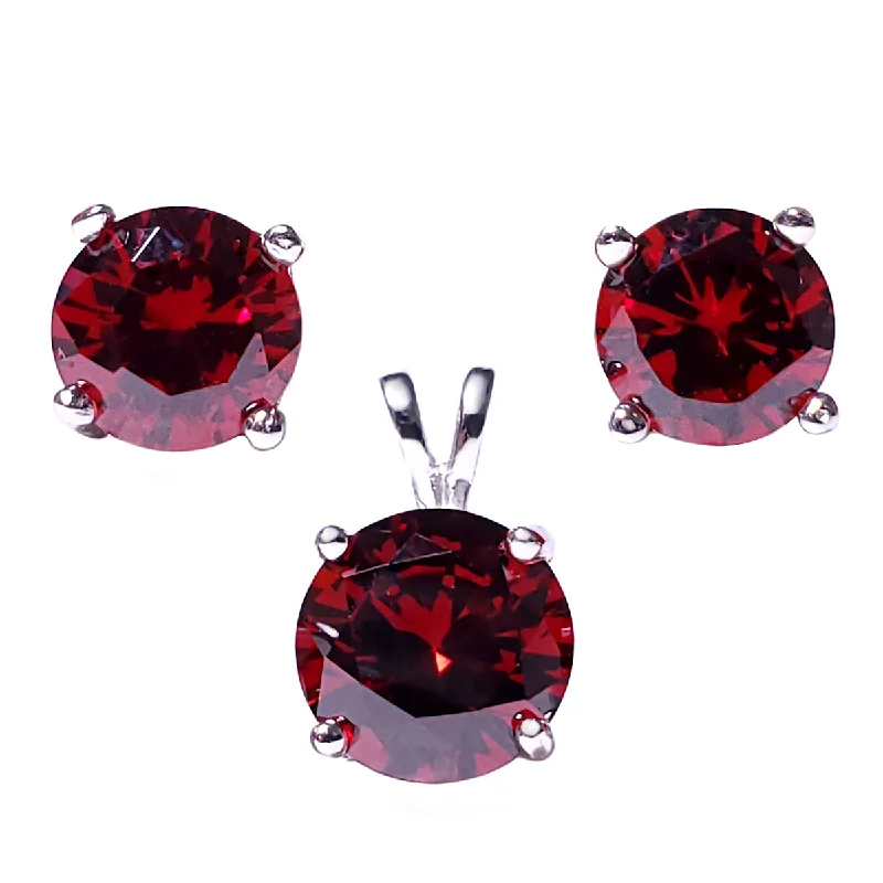 Brilliant Cut Simulated Garnet Ice CZ Silver 7mm Pendant and 6mm Earring Set