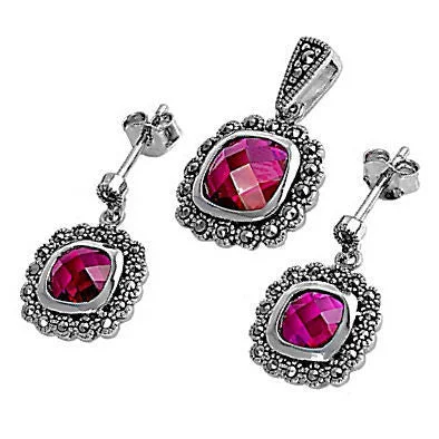 Bella: Cushion Cut Burmese Ruby & Marcasite Pendant & Earrings Set