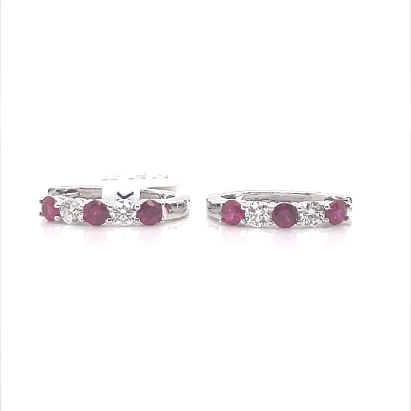 Bremer Jewelry Round Ruby and Diamond Huggie Earrings in 18K White Gold (1.16ctw)