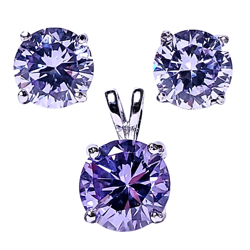 Brilliant Cut Simulated Alexandrite Ice CZ Silver 7mm Pendant and 6mm Earring Set