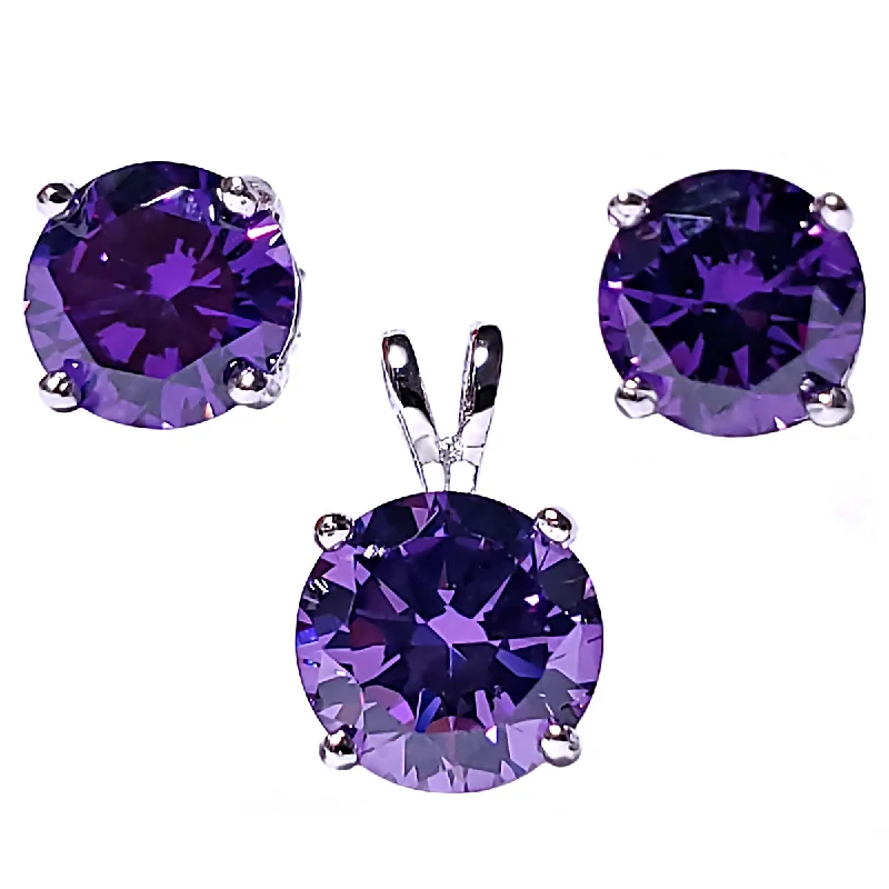 Brilliant Cut Simulated Amethyst Ice CZ Silver 7mm Pendant and 6mm Earring Set