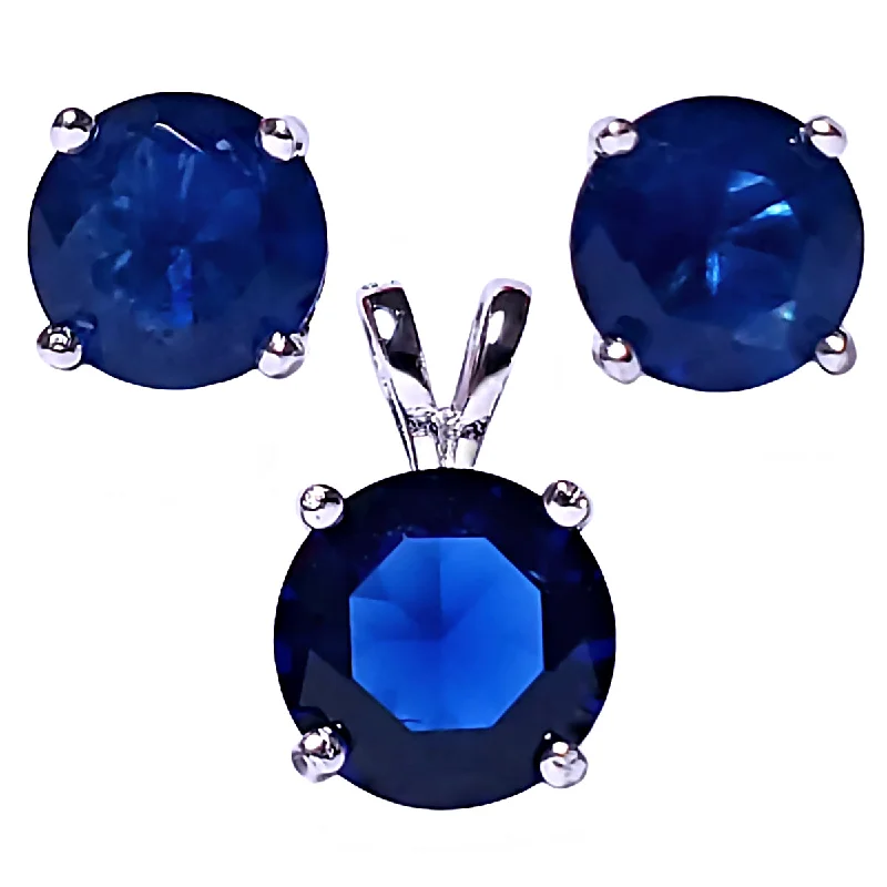 Brilliant Cut Simulated Blue Sapphire Ice CZ Silver 7mm Pendant and 6mm Earring Set