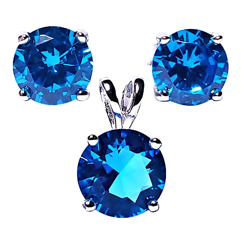 Brilliant Cut Simulated Blue Zircon Ice CZ Silver 7mm Pendant and 6mm Earring Set