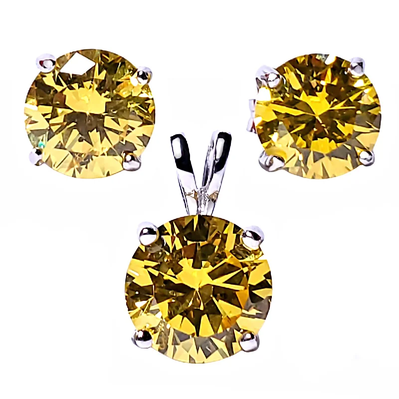 Brilliant Cut Simulated Citrine Ice CZ Silver 7mm Pendant and 6mm Earring Set