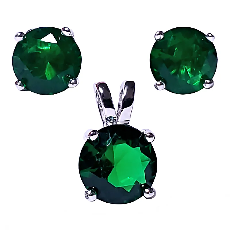 Brilliant Cut Simulated Emerald Ice CZ Silver 7mm Pendant and 6mm Earring Set