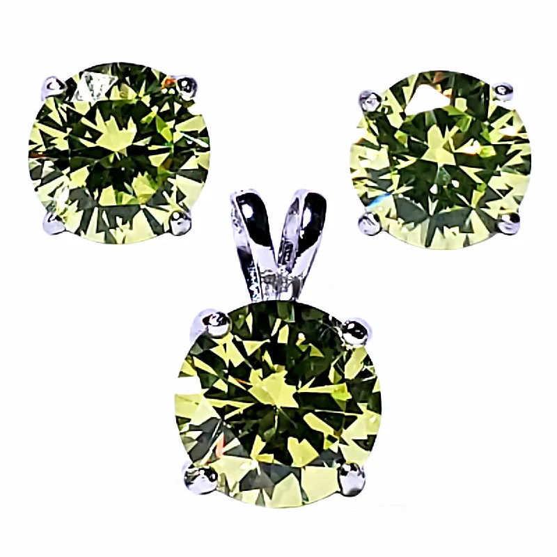 Brilliant Cut Simulated Peridot Ice CZ Silver 7mm Pendant and 6mm Earring Set