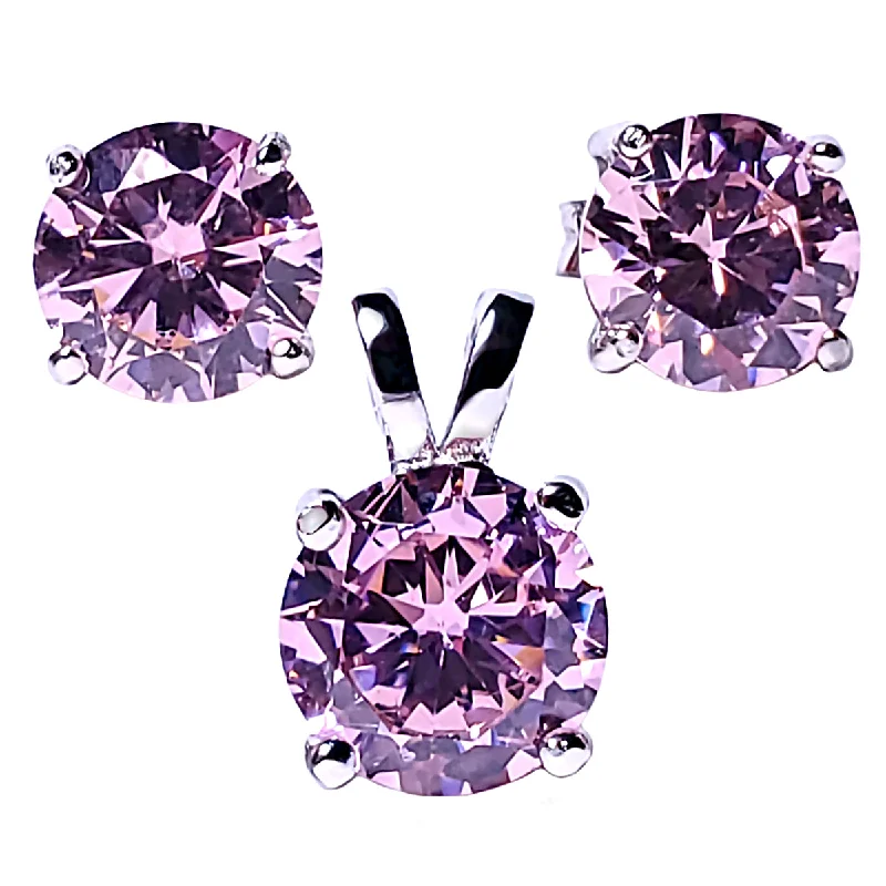 Brilliant Cut Simulated Pink Tourmaline Ice CZ Silver 7mm Pendant and 6mm Earring Set