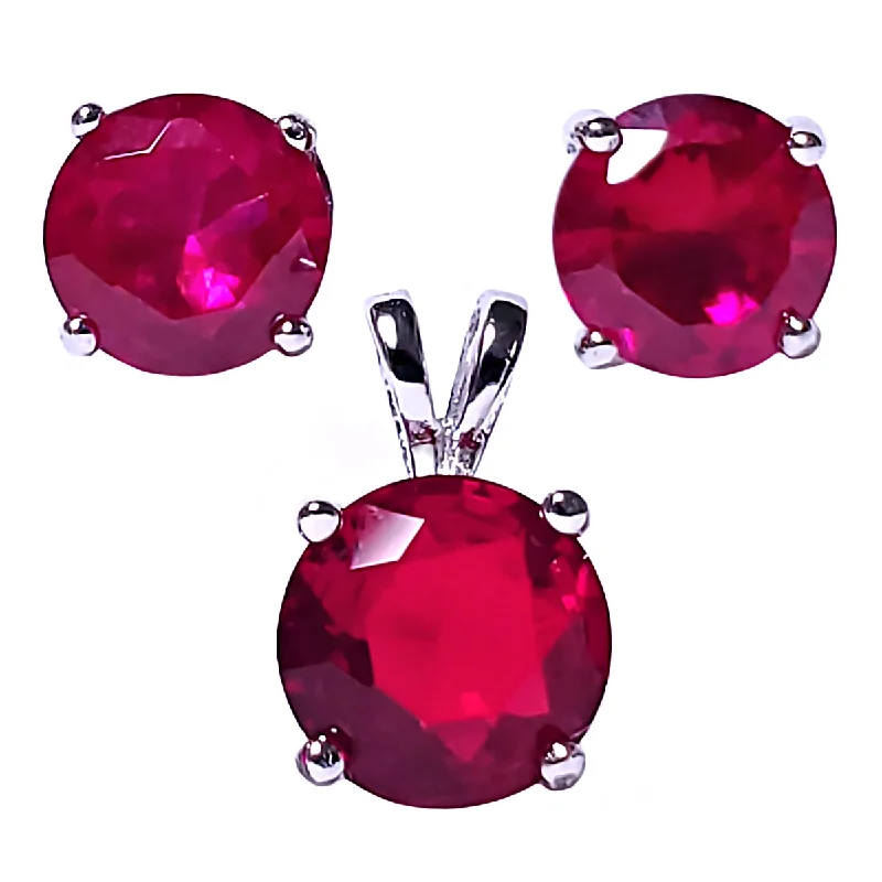 Brilliant Cut Simulated Ruby Ice CZ Silver 7mm Pendant and 6mm Earring Set