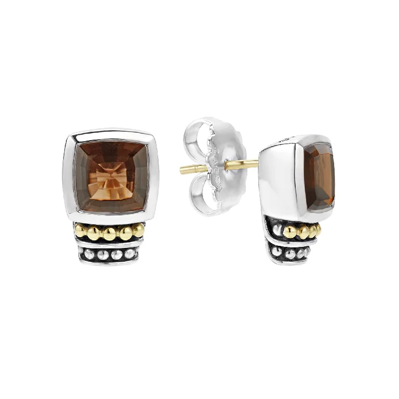 Caviar Color Bezel-Set Smokey Quartz Stud Earrings