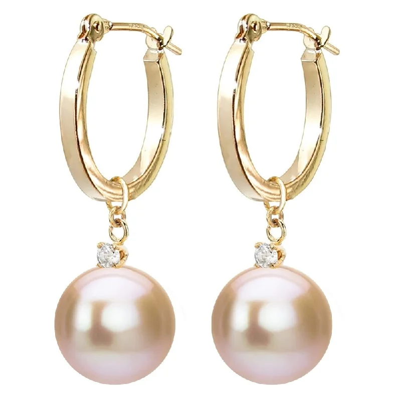 DaVonna 14k Gold 1/10cttw Diamond Pink Freshwater Cultured Pearl Dangle Earrings