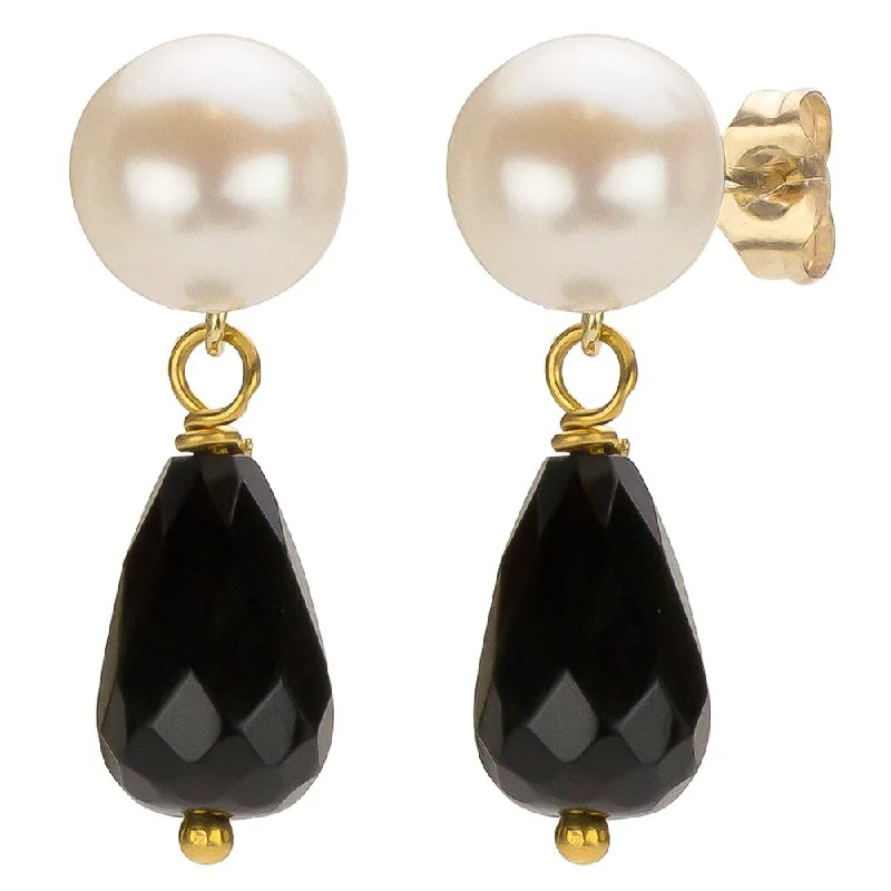 DaVonna 14k Gold White Freshwater Pearl and Black Onyx Drop Earrings (6-6.5 mm)