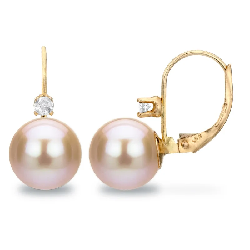 DaVonna 14k Yellow Gold 9-10mm Pink Freshwater High Luster Pearl and Diamond Earrings with Gift Box