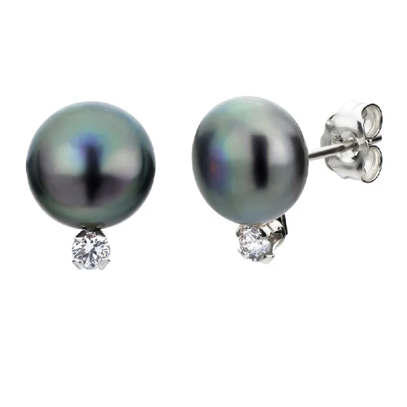 DaVonna Silver Black Pearl and 1/10ct TDW Diamond Earrings (8-8.5 mm)