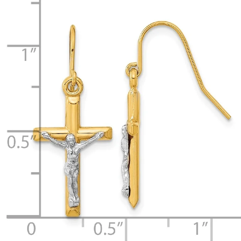 Diamond2Deal 10k Two-tone Gold Polished Crucifix Dangle Earrings (L-28.7mm, W-11.72mm)