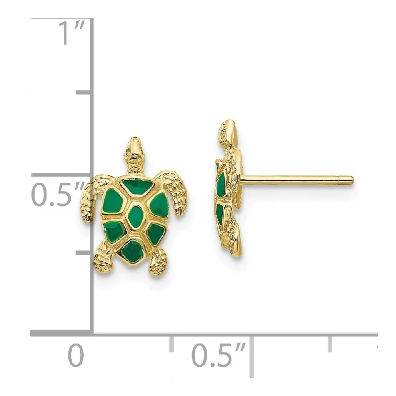 Diamond2Deal 10k Yellow Gold Green Enameled Sea Turtle Post Earrings (L-11mm, W-9mm)