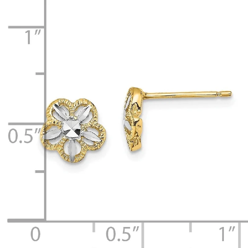 Diamond2Deal 10k Yellow Gold with Rhodium Diamond-cut Flower Post Earrings (L-7.9mm, W-7.9mm)