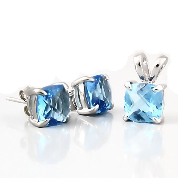 Elena: Cushion Cut Blue Topaz Crystal Pendant & Earrings Set Silver