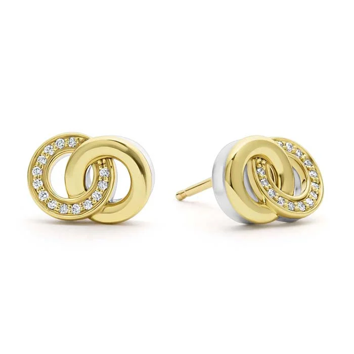 LAGOS Signaure Caviar Two-Tone Interlocking Diamond Stud Earrings in Sterling Silver and 18K Yellow Gold