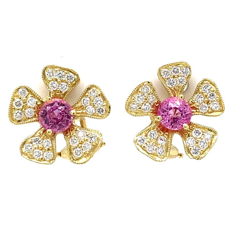 Floral Pink Sapphire Earrings in 18K Yellow Gold