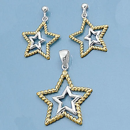 Helena: Two Tone Dangling Star Matching Pendant & Earrings Set