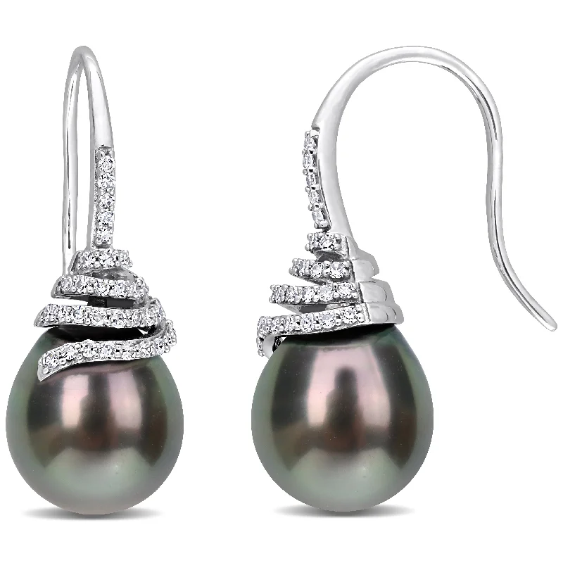 Miadora 10-11mm Black Tahitian Cultured Pearl and 1/3 CT TW Diamond Swirl Hook Earrings in 14k White Gold