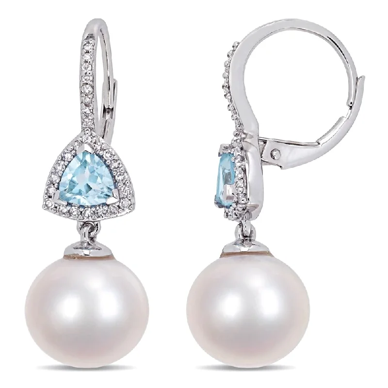 Miadora 10k White Gold Cultured Freshwater Pearl 1/4ct TDW Diamond Sky Blue Topaz Drop Earrings (11-12mm)