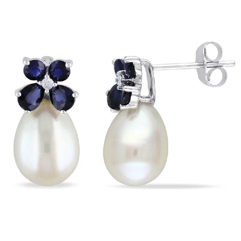 Miadora 10k White Gold Cultured Freshwater Pearl, Sapphire and Diamond Earrings (8-8.5 mm)