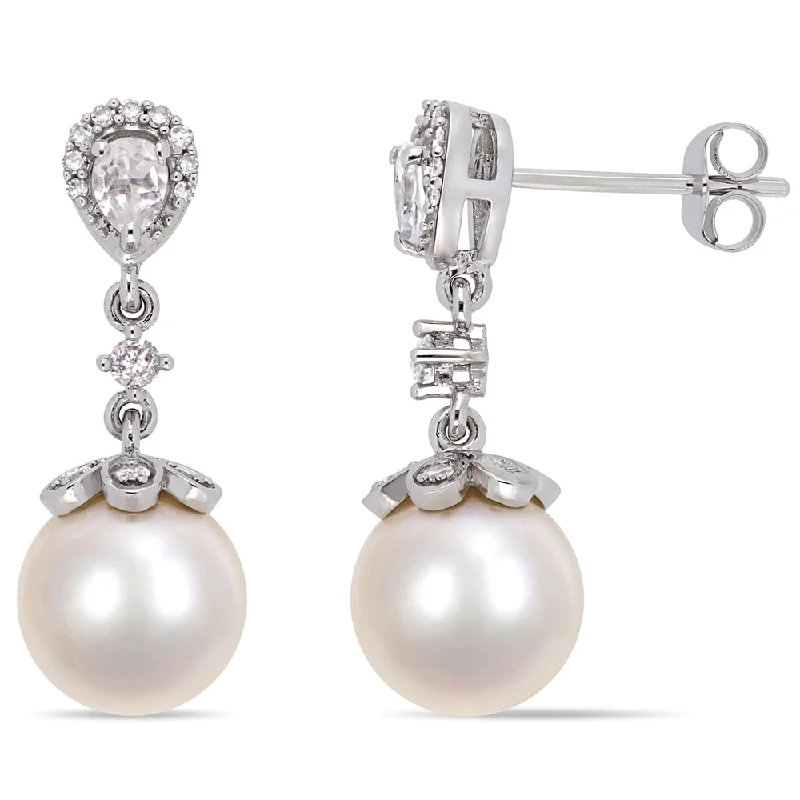 Miadora 10k White Gold Cultured Freshwater Pearl White Topaz 1/5ct TDW Diamond Drop Earrings (9-9.5mm)