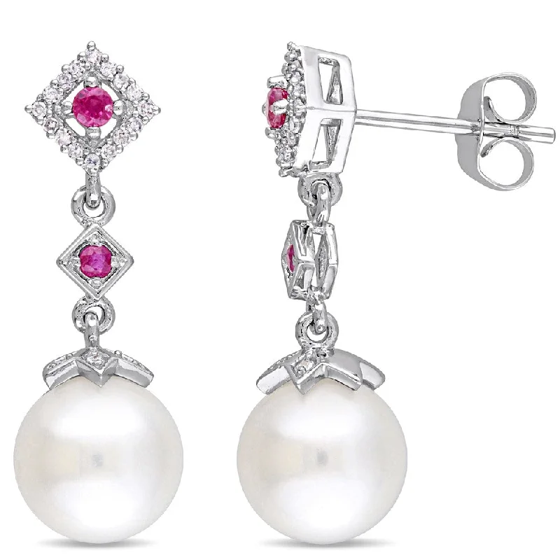 Miadora 10k White Gold Freshwater Cultured Pearl Ruby and 1/10ct TDW Diamond Graduated Drop Earrings (8.5-9 mm) - Red