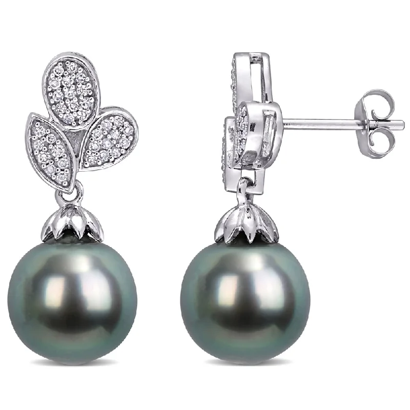 Miadora 10k White Gold Tahitian Cultured Pearl & 1/5ct Diamond Leaf Drop Earrings (9-9.5 MM)