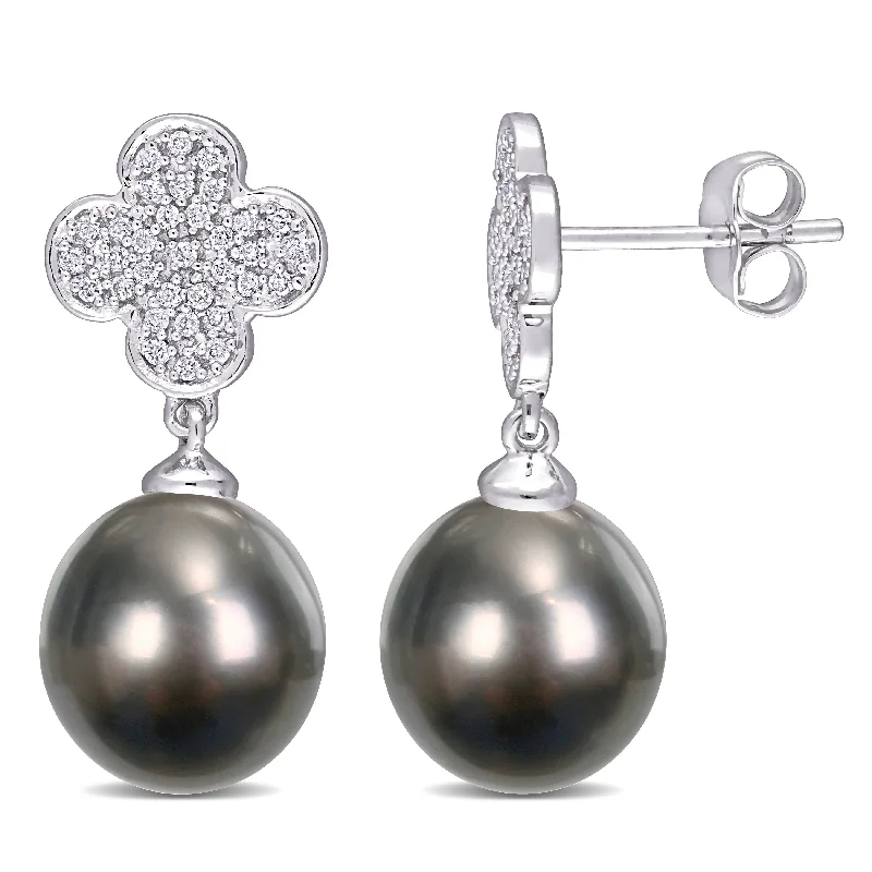 Miadora 10k White Gold Tahitian Cultured Pearl & 1/5ct TDW Diamond Cluster Drop Earrings (10-10.5mm)