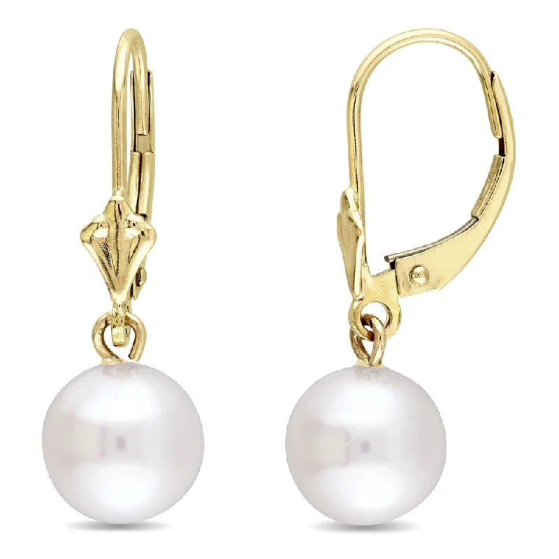 Miadora 10k Yellow Gold Cultured Freshwater Pearl Fleur De Lis Leverback Drop Earrings (8-8.5 mm) - White