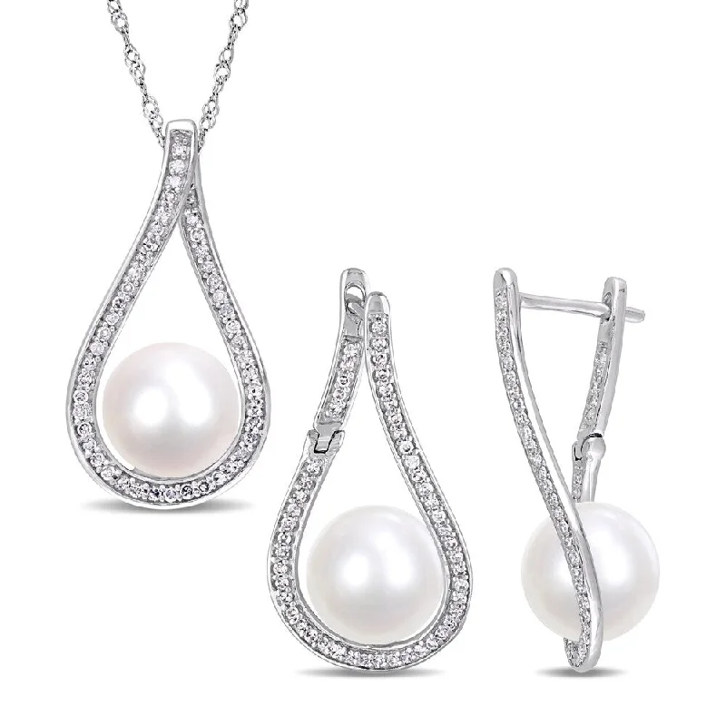 Miadora 14k White Gold Cultured FW Pearl and 1/2ct TDW Diamond Loop Drop Jewelry Set (9-10 MM)