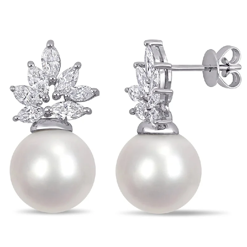 Miadora 14k White Gold South Sea Cultured Pearl 1-1/2ct TDW Diamond Marquise Cluster Earrings (11-12 mm)