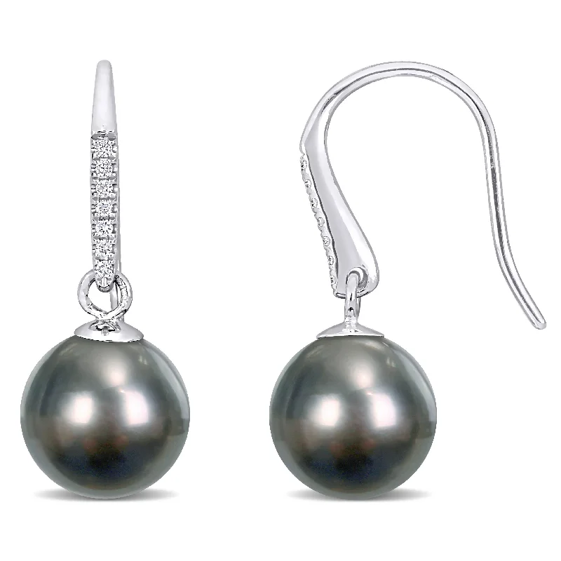 Miadora 14k White Gold Tahitian Cultured Pearl and Diamond Accent Dangle Earrings (9.5-10mm)