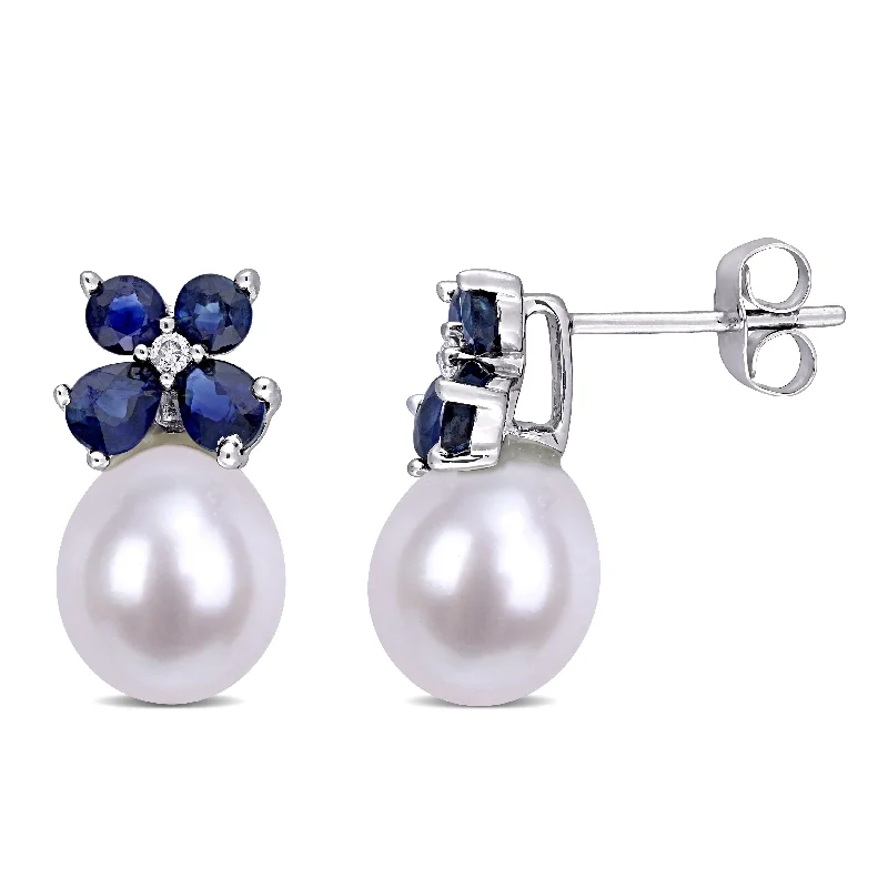 Miadora 8-8.5 mm Cultured Freshwater Pearl, Diamond and Sapphire Bow Earrings in 10k White Gold