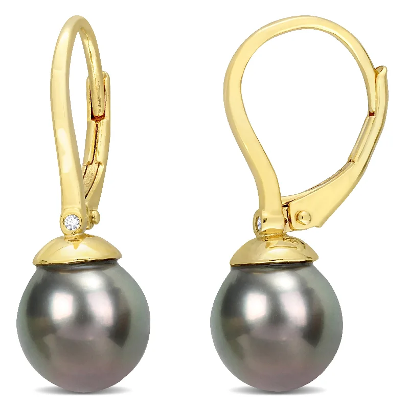 Miadora 8-8.5mm Black Tahitian Cultured Pearl & Diamond Accent Leverback Earrings in Yellow Silver