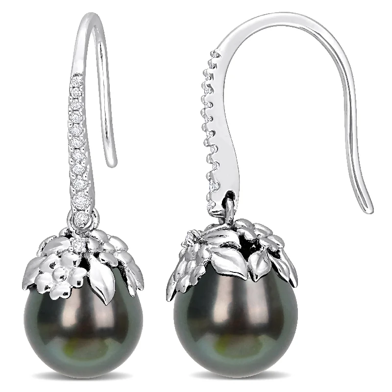 Miadora Black Tahitian Cultured Pearl and 1/7ct TDW Diamond Floral Hook Earrings in 14k White Gold