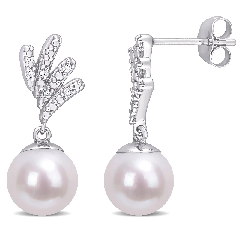 Miadora Cultured Freshwater Pearl and Diamond Accent Drop Earrings in 10k White Gold (8-8.5mm)